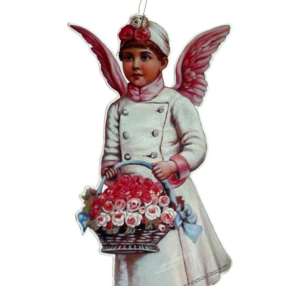 Vintage Victorian Angel Ornament With Pink Wings & Basket Of Roses 9” Tall - Picture 2 of 3